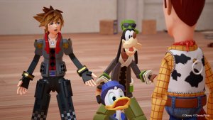 Sora, Donald und Goofy in der Toy Story Welt